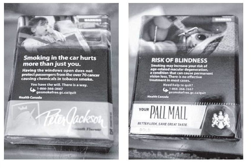 Cigarette packages with warning labels are shown. A Dalhousie researcher is looking at how plain packaging on cigarettes affects smoking habits.
ERIC WYNNE • THE CHRONICLE HERALD