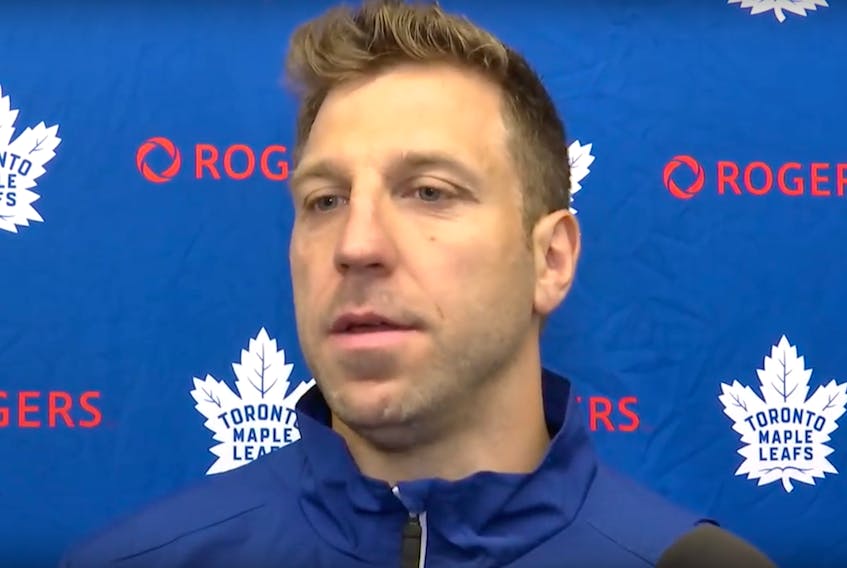 Ryane Clowe, the head coach of the ECHL’s Newfoundland Growlers, speaks to reporters in Toronto on Thursday during the Toronto Maple Leafs’ summer development camp. — Toronto Maple Leafs/YouTube