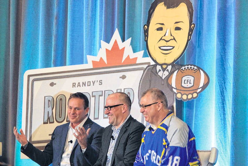 Bruce Bowser, Anthony LeBlanc, and CFL commisioner Randy Ambrosie are seen during a town hall billed as Randy’s Roadtrip at the Westin Nova Scotian in Halifax Friday on Feb. 23. TIM KROCHAK
