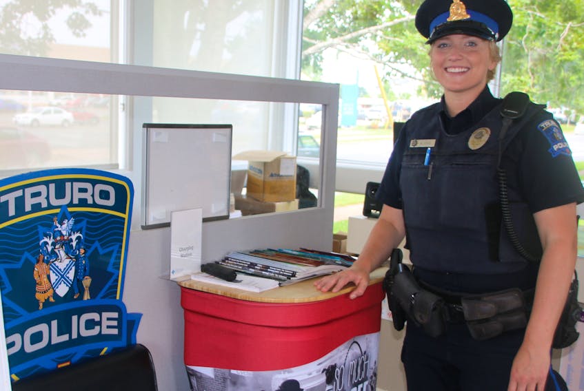 Truro Police Const. Katie Titus has an area at the Truro Welcome Centre where she can meet with local residents and visitors. She also has information pamphlets, and colouring sheets she hands out to children.