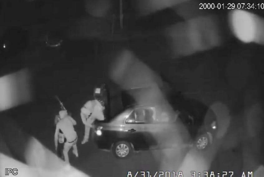Thieves made off with a dirt bike sticking out of the trunk of a small car and an ATV driving behind in the early morning hours of Aug. 31. The theft occurred at Paul d’Entremont Marine Ltd. in Pubnico. (Screenshot from video)