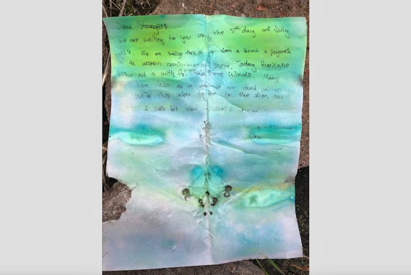 A message in a bottle was discovered along the beaches of southern Labrador on Monday, Sept. 3. The letter was dated July 5, 2014 and was sent from Pugwash, Nova Scotia during Hurricane Arthur. - Photo contributed Jeinean Barney