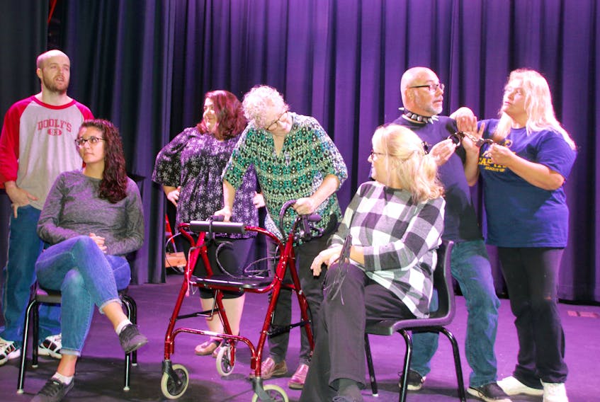 Hubtown Theatre members have been rehearsing for an upcoming production of Nana’s Naughty Knickers. On stage are, from left, Andy Buckley, Sacha Brake, Holly Beeler Tattrie, Sheila Newell, Pam Gilroy, Rod DeViller and Donna Jones.