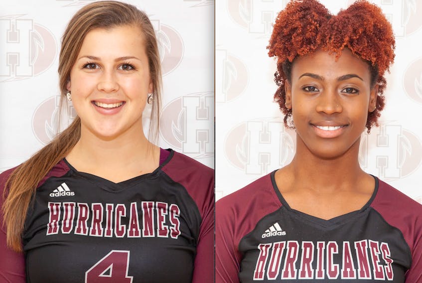 Laura Ready, left, and Philicia Johnson play volleyball for the Holland College Hurricanes.