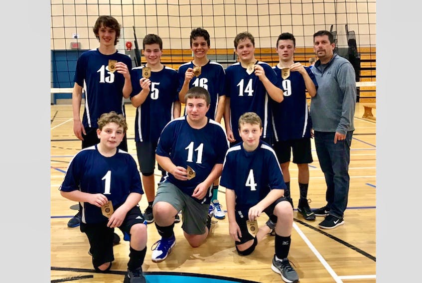 Members of the Par-en-Bas junior boys volleyball team, from left (front row): Cowen Warner, Alex Doucette, Riley Muise. Back row: Landon Pothier, Isaac Albright, Vincent Surette, Jamie Doucet, Trent Muise, Scott Surette (coach). Missing from photo: Jessy Amiro, Riley Hubbard and Jared Pitman.