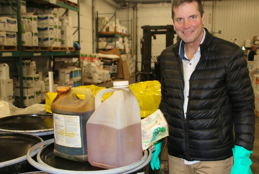 Barry Friesen, general manager of Cleanfarms Inc., recently stopped by the Truro Agromart to check on the drop-off for unwanted pesticides and livestock medication, and pesticide and fertilizer containers. Products that were dropped off are recycled or incinerated.