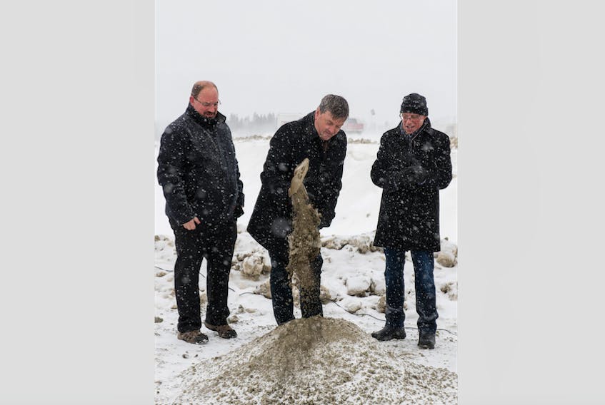Gander Mayor Percy Farwell, middle, officially turned the sod, Nov. 23, to get construction of the town’s waste water treatment plant underway. With him was, left, Kevin Higgins, constituency assistant to Coast of Bays—Central—Notre Dame MP Scott Simms and Gander MHA John Haggie.
