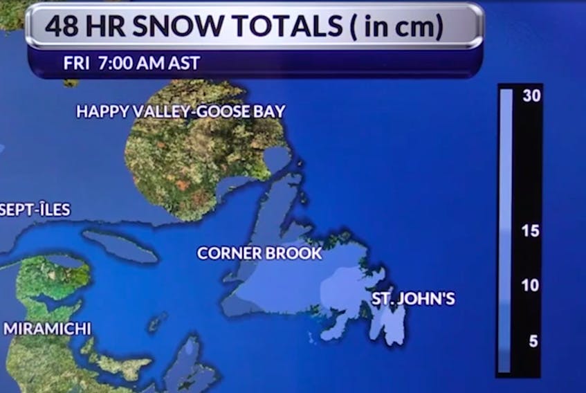 A map showing the snowfall totals across Newfoundland expected by tomorrow morning. The St. John's region could see 20 centimetre or more by 7 a.m.