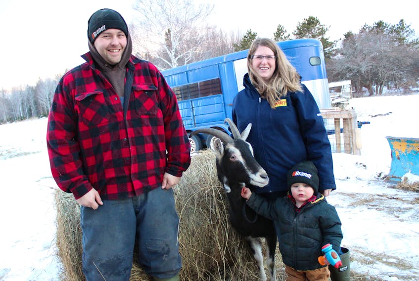 Jordan and Shannon Peters are shown with their two-and-a-half-year-old son, Kacey, and family pet, Albert the goat, outside their Edwardsville barn.