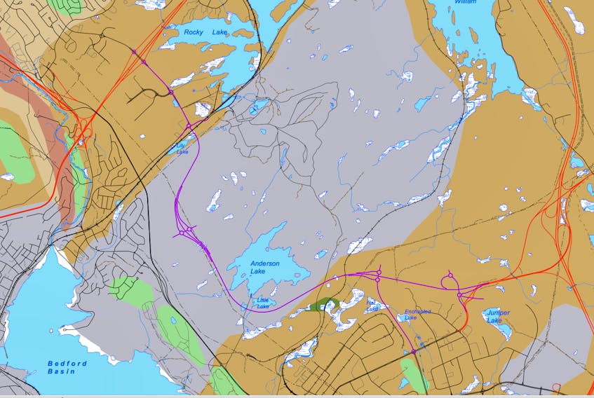 The proposed realignment of Highway 107 is marked in purple on this map from the Department of Transportation and Infrastructure Renewal included in an environmental assessment application for the  Sackville-Bedford-Burnside Connector project.