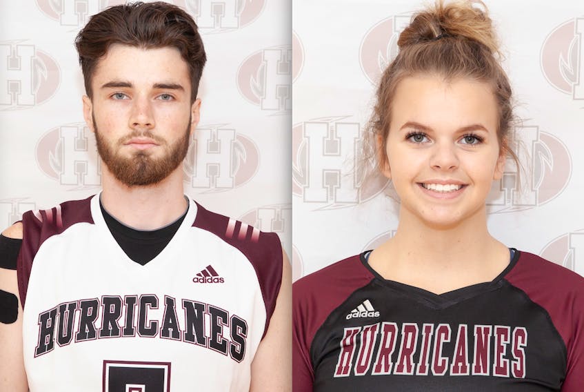 Brett Butler, left, and Taylor Allen are student-athletes at Holland College. They play volleyball for the Hurricanes.