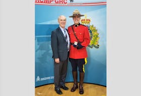 Inspector Jeremie Landry with his father, retired Staff Sgt. Frank Landry, both from Yarmouth County, at the Commendation for Bravery ceremony in Edmonton on March 20.