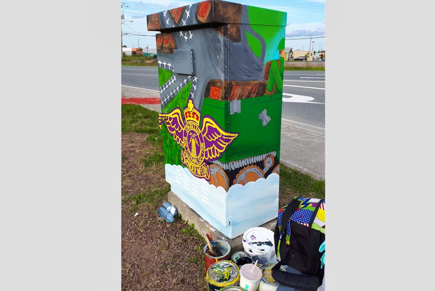 A design is titled "Away We Goes" painted on a traffic box by Gander artist Melissa Francis.
