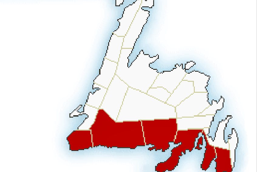Environment Canada's rainfall warning map for Newfoundland.