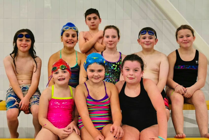 These competitors are members of the Novatech (No. 1) swimmers with Truro Centurions Swim Club. Front row, from left, Lola Hickox, Katie MacDonald and Gracie-Lynn Ennis. Second row, Deklan Rogers, Elizabeth Hay, Paige Wollenburg, Wesley Schnare and Ava Gourley.
Standing is Carter Guy.