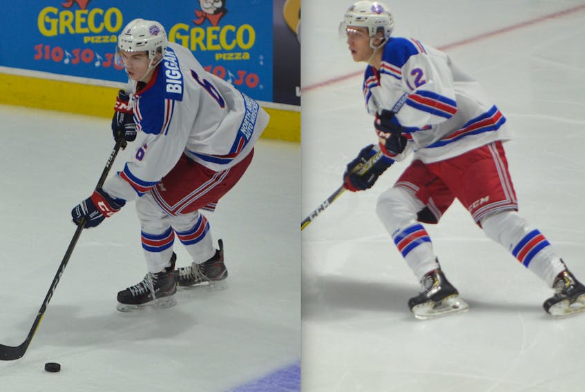 Zach Biggar, left, and Colby MacArthur are playing at the World Junior A Challenge in Dawson Creek, B.C.