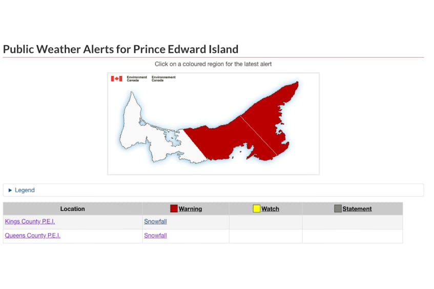 A snowfall warning is in effect for parts of P.E.I.