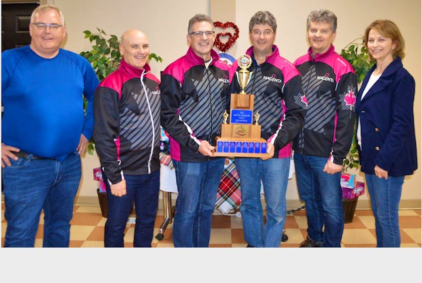 The Bryan Cochrane rink won the P.E.I. Tankard Saturday at the Montague Curling Rink. From left are Scott Annear, president of the Montague Curling Rink; lead Mark O’Rourke, second Morgan Currie, third Ian MacAulay, skip Bryan Cochrane and Curl P.E.I. president  Sandy Matheson.