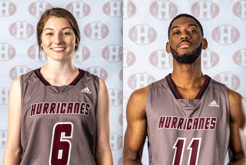 Sophie Atkinson and Nathan Anderson play basketball at Holland College.