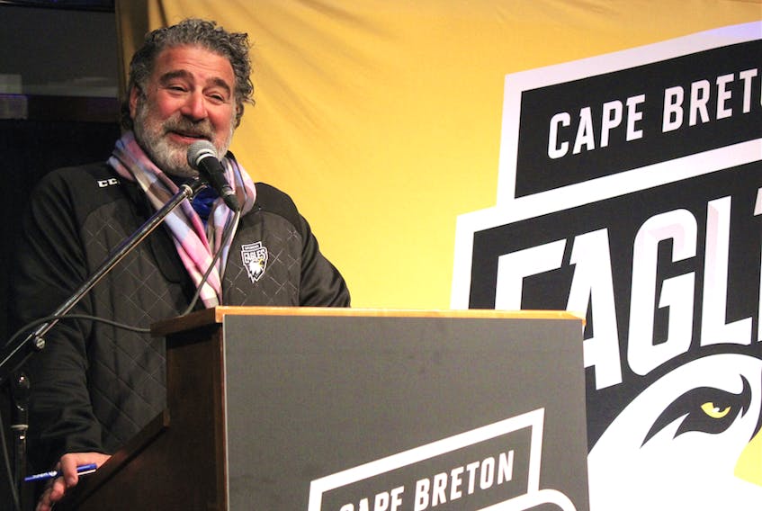 Cape Breton Eagles majority owner Irwin Simon speaks to about 150 people gathered at Centre 200 on Saturday for an team update. Irwin and club president Gerard Shaw are asking ticket holders to help them find way to get more fans into the building.