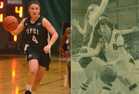 Jenna Mae Ellsworth, left, and Anna (Pendergast) Stammberger both made the U Sports top 100 players list of the past century.