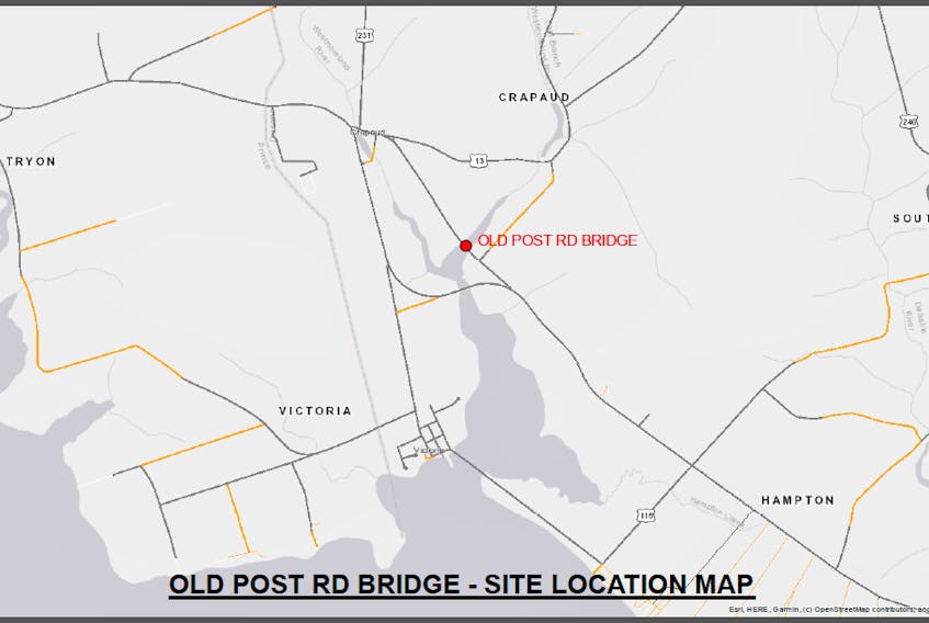 The Old Post Road bridge replacement on Maintenance Route 50260 in Crapaud will begin on Monday, July 6.