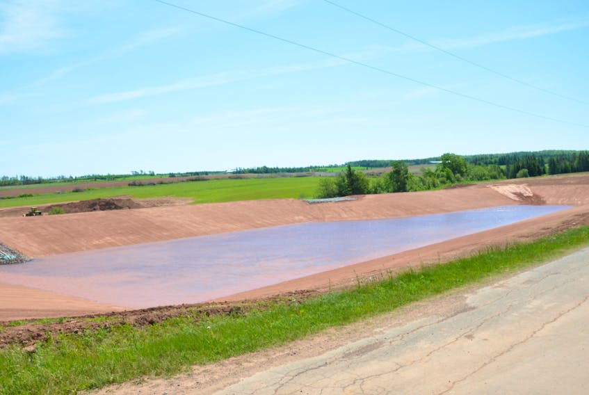 This is an agricultural holding pond in Shamrock, P.E.I. On Tuesday, a non-binding motion that would prohibit construction of new holding ponds passed in the legislature by a margin of 15 to 10.
