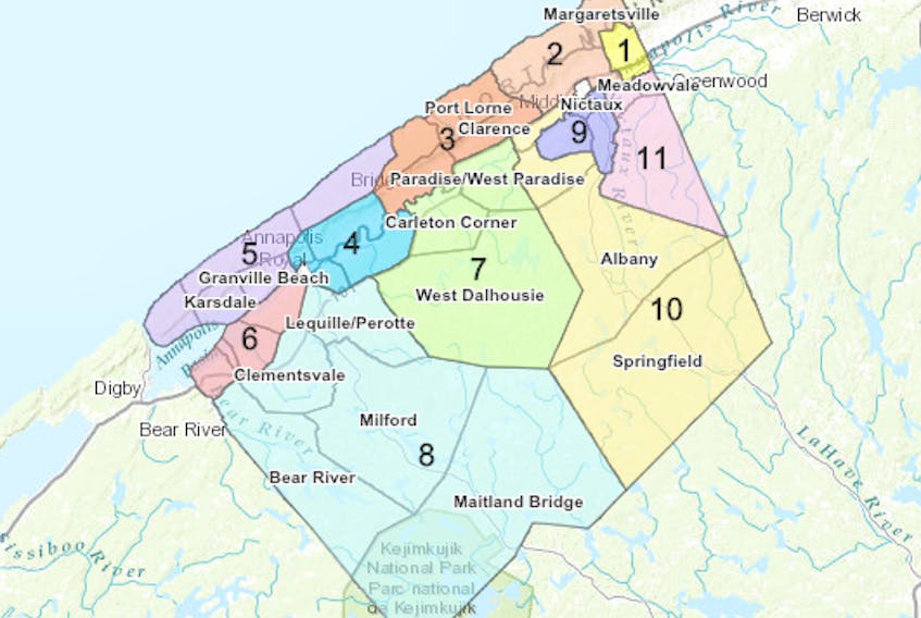This map available through the County of Annapolis website shows how the municipal polling districts are divided.