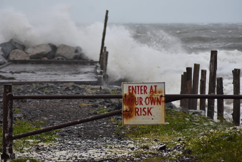 Bay of Fundy waves breach a wharf in Annapolis County’s Cottage Cove as hurricane Teddy tracks toward Nova Scotia around suppertime on Tuesday. It is anticipated that Teddy will come ashore in the province as a powerful post-tropical storm on Wednesday morning.