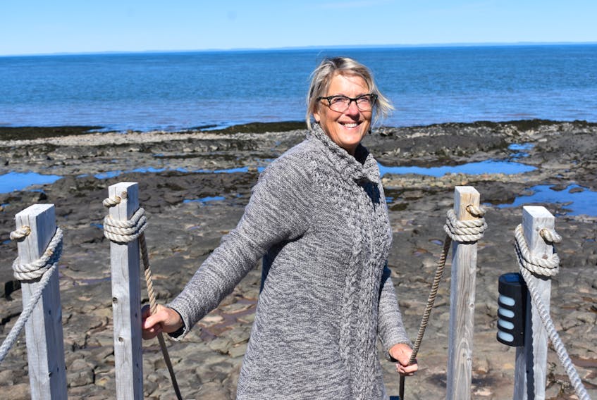 Marcy Gaul of Port George follows the gangplank stairway leading from her backyard to the Bay of Fundy beach that her home overlooks