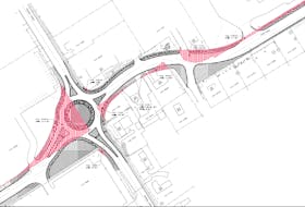 This image of a planned roundabout for the corner of Pope Road and Central Street indicates in red the sections of land Summerside needs to expropriate for the project to move forward.