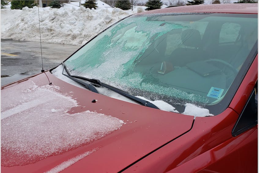 Kings District RCMP charged the driver of this vehicle after he was spotted driving with snow and ice on the front windshield along Commercial Street in New Minas.