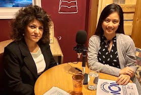 Farahnaz Rezaei, left, interviews Marie Antoinette Pangan, right, for the International Women's Day podcast series Choose to Challenge. The series was a project of the P.E.I. Advisory Council on the Status of Women.