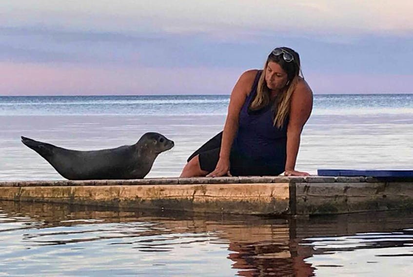 Allie Halliday sits next to ‘Coldie’ on a raft at Coldspring Head near Northport, N.S. Coldie, an injured seal, was rescued during an operation with Hope for Wildlife on Saturday.