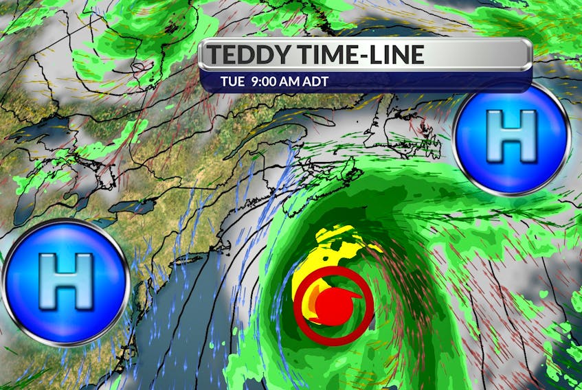 Wind and rain will move in Tuesday morning as Hurricane Teddy races towards Eastern Nova Scotia. - WSI
