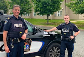 Body-worn cameras can be seen below the “POLICE” marking on the vests of Sgt. Michael Goss and Const. Daniel Matheson of the Kentville Police Service.