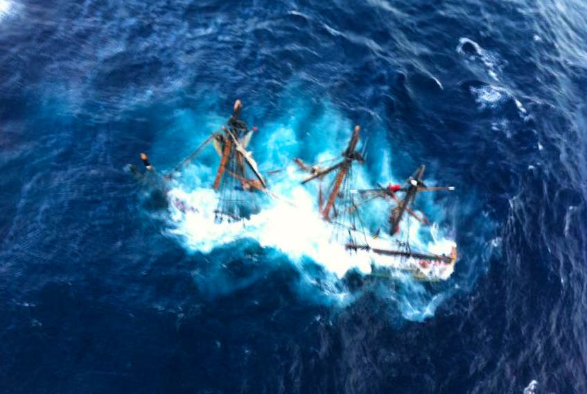 The HMS Bounty, a 180-foot sailboat, is shown submerged in the Atlantic Ocean during hurricane Sandy approximately 145 kilometres southeast of Hatteras, N.C., Oct. 29, 2012. Of the 16-person crew, the U.S. Coast Guard rescued 14. - Petty Officer 2nd Class Tim Kukl
