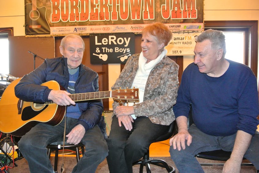 LeRoy Morris (left) and Roy Pettigrew with the Bordertown Jam and Ida Roode from the Cumberland Health Care Auxiliary talk about the Singing for Fling fundraiser on Wednesday, May 8 at Heartz Hall at Trinity-St. Stephen’s United Church in support of the 37th Highland Fling that will take place Saturday, May 11 at the Amherst Curling Club.