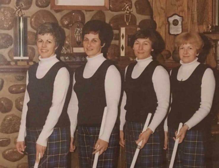 The Jean Skinner rink captured the 1977 Nova Scotia provincial championship, advancing to the Macdonald Lassies Women’s Championship, which is now known as the Scotties Tournament of Hearts. The team will be honoured during the 2:30 p.m. draw at the Scotties today. The 1977 team included, from left, Jean Skinner, Adine Boutilier, Shirley Pace and Barbara McLeod. CONTRIBUTED/SYDNEY CURLING CLUB