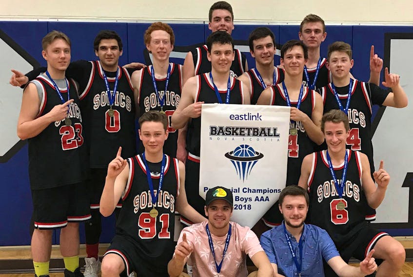 The Amherst Sonics won the BNS Under-18 AAA Boy’s Basketball Championship with a 102-78 win over the South West Bulldogs of Yarmouth on Sunday, April 14. Members of the team include: (front, from left) coaches Jason Morse and Chris McCarthy, (second, from left) Kegan Chitty, Caleb Van Vulpen, (third, from left) Adam Blair, Sam LeBlanc, Francis Bacon, (back, from left) Brady Crowe, Nabil Mohamad, Justin Milner, Aidan Devine and Sam Wade.