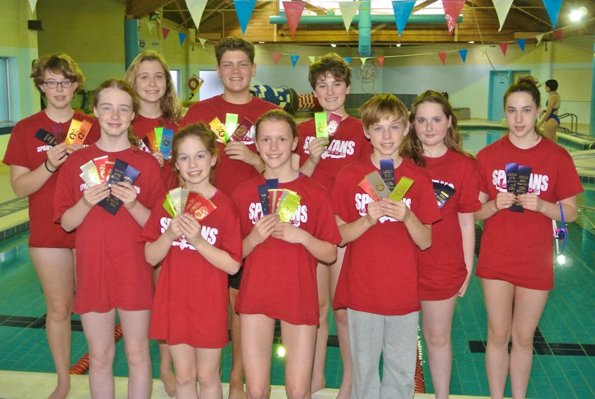 Members of the Spartans swim club were among more than 250 age group swimmers from across Nova Scotia to go to Wolfville for a fall series development meet. Spartans’ competitors included: (front, from left) Abbie Byrnes, Olivia Elliott, Reagan Bushen, Simon Buske, (back, from left) Amelia Mitchell, Olivia Bacon, Jordan Beaton, Ella McGuigan, Kassie Doyle and Kaitlin Doyle. Missing is Pauline Schaaf.
