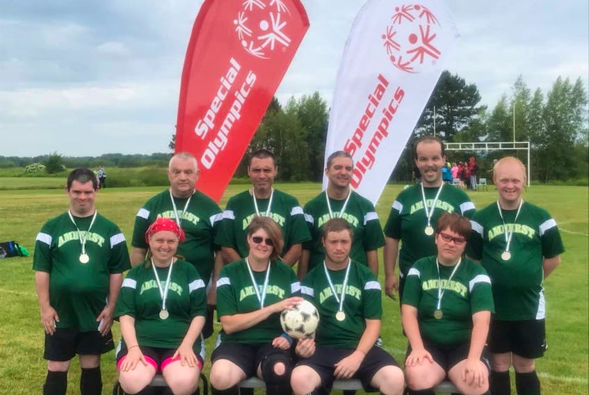 The Special Olympics Amherst soccer team captured the silver medal at the provincial Special Olympics from July 12 to 14 at Acadia University in Wolfville. The Amherst Coyotes finished the tournament with a record of 4-1 in the B division. The team was led by veteran captain Terry Black and co-assistant captains Robyn Munro and keeper Jacob Fisher. A strong showing by rookie phenom Joseph Spence of Pugwash with five goals in the tournament. Members of the team included: (front, from left) Rebecca Sprague, Robyn Munro, Jacob Fisher, Allison Borden, (back, from left) Ryan Mootrey, Tim Bird, Terry Black, Joseph Spence, Jesse Williams and Robert Babineau.
