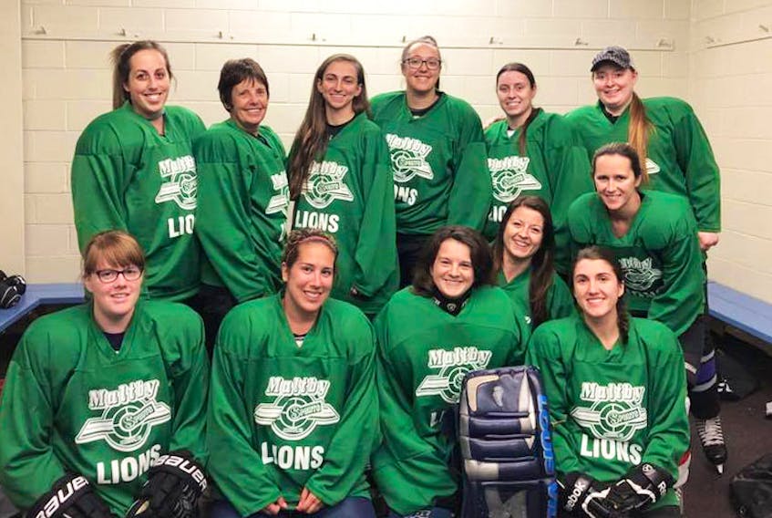 The Maltby Sports Lions have proved to be tough to beat this season, but recently suffered losses to the Cougars and Tigers. The Lions are: (front, from left) Lori Kinnear, Megan Porter, Goalie Taylor Ripley, Nicole Sears, Jackie Cormier-Duplessis, Shannon Hanna, (back, from left) Krista Stewart, Phyllis Burbine, Jenna Gogan, Steph Irving, Emily Wainwright and Megan Reid. Missing is: Chloe Cormier, Whitney Milner, Melissa Corvec, Megan Dempsey, Michelle Anderson and Sara Black.