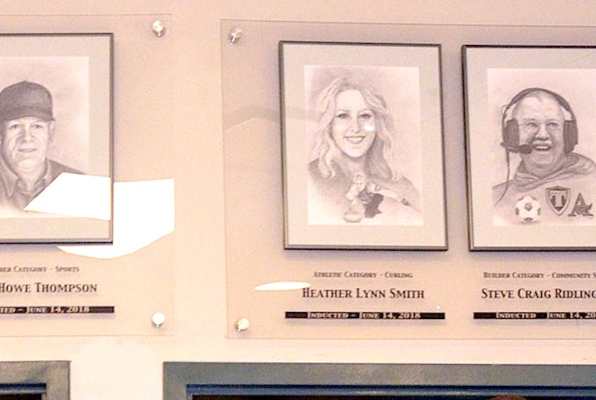 The portraits of, l-r, Earl Thompson, Heather Smith and Steve Ridlington portraits were unveiled during the 2018 Sackville Sports Wall of Fame induction ceremony. The town will soon be making changes to the Sports Wall display at the civic centre, replacing the drawings with smaller plaques.