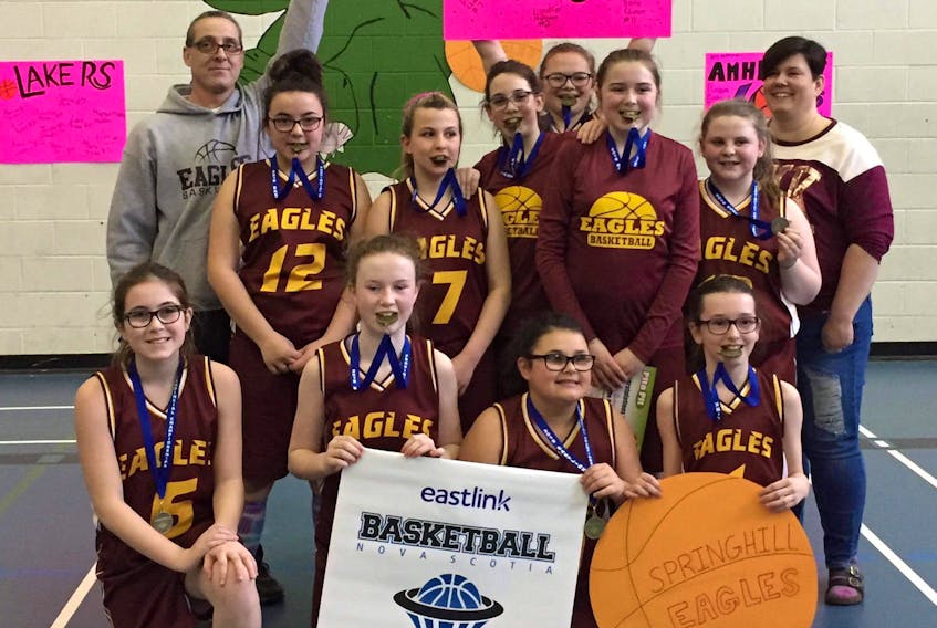 The Springhill Eagles defeated the Pictou County Lightning 42-27 to win the Basketball Nova Scotia Under-12 girls Division 7 championship. Members of the team include: McKenzie Thomas, Lindsey Mattinson, Jorja Spicer, Maryn Burden, Desiree Chatfield, Shyann Sullivan, Katie Clinton, Lily Harrison, Shaye McMillan and Paige Mattinson. Coaches are Jamie Spicer and assistant coach Dawn Spicer.