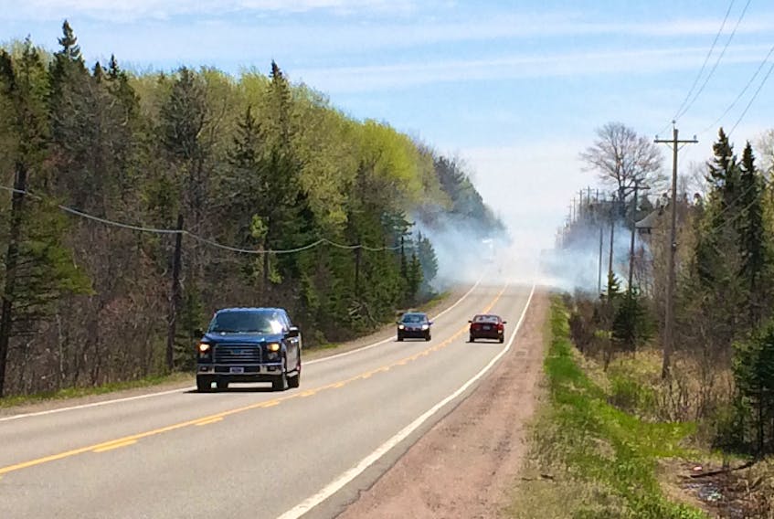 Drivers are being urged to slow down Tuesday afternoon while passing through smoke crossing Highway 2 near Springhill.
