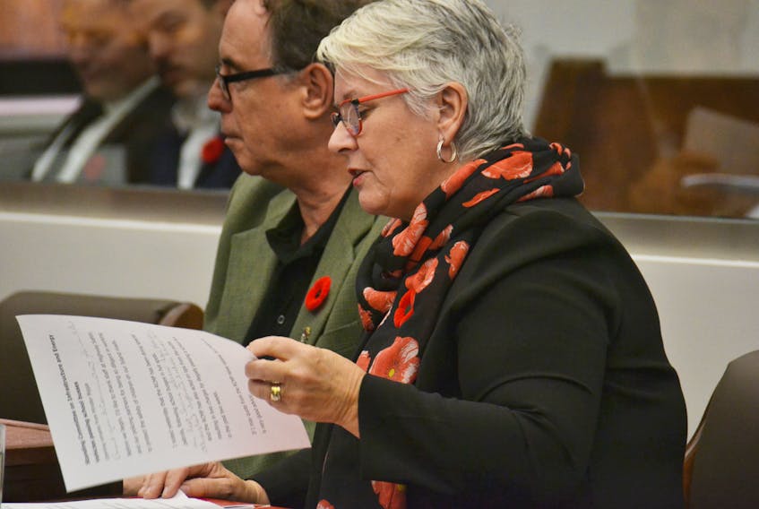 P.E.I. Transportation Minister Paula Biggar speaks Thursday at the standing committee on infrastructure and energy.