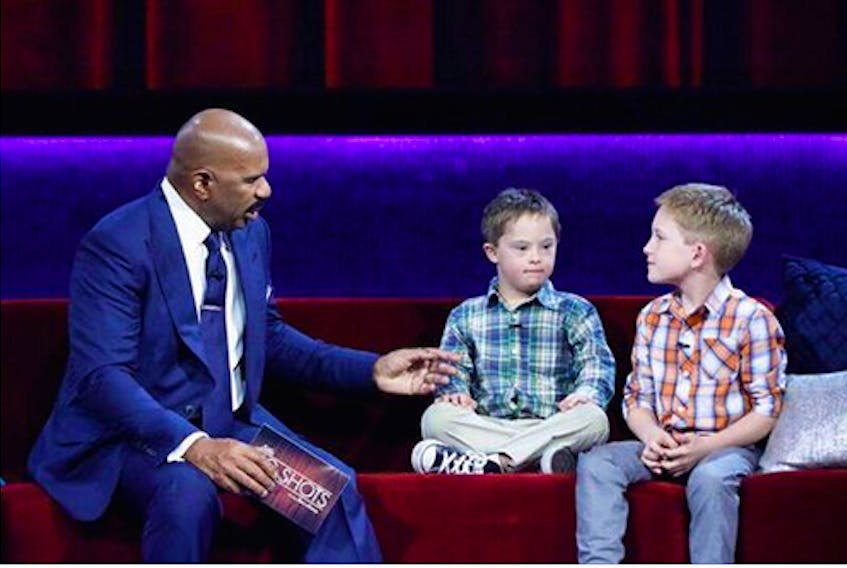 Greenfield brothers Turner (centre) and Griffin Scott will be appearing on the American variety show Little Big Shots with Steve Harvey Thursday night at 9 p.m. on NBC.
