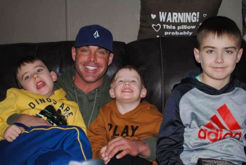 Jeremy Stiles was critically injured in a workplace accident in Grande Prairie, Alta. on Jan. 10. He was airlifted to hospital in Edmonton and has undergone numerous surgeries since then, including one to amputate his left leg. He is shown with his children (from left) seven-year-old Beau, four-year-old Chase and 10-year-old Nash. Friends have set up a GoFundMe page to raise money for his care  (https://ca.gofundme.com/f/jeremy-stiles-needs-us).