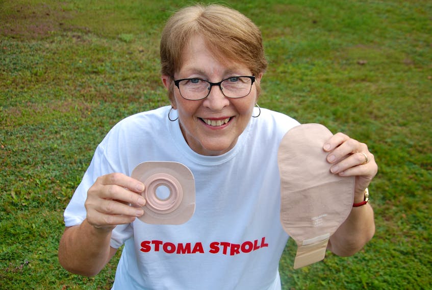 Christine MacCallum of Marshfield holds up some of the ostomy supplies that cost her $300 to $500 per month. She is helping to organize an event Saturday called the Stoma Stroll to raise funds and awareness.